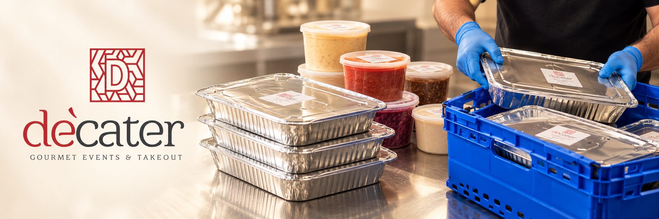 Decater: labelled trays and tubs of food being packed into a crate, ready to go out